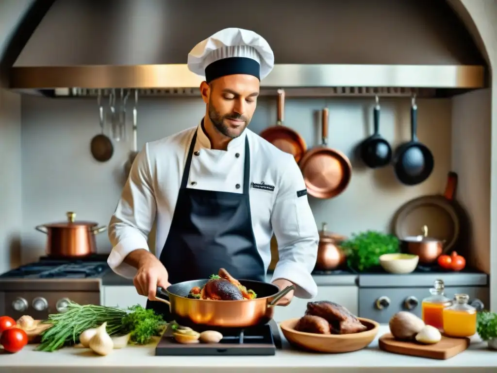 Un chef francés preparando Coq au Vin en una cocina rústica