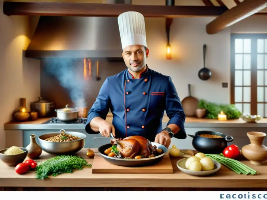 Un chef francés preparando Coq au Vin en una cocina rústica, fusionando sabores internacionales