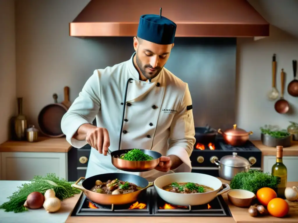 Un chef francés preparando Coq au Vin en una cocina rústica, destacando la artesanía de la cocina regional francesa