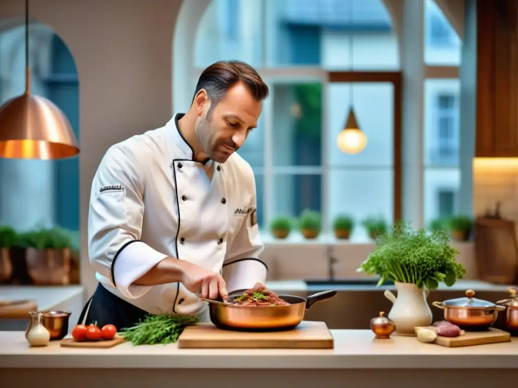 Un chef francés preparando Coq au Vin en cocina tradicional parisina