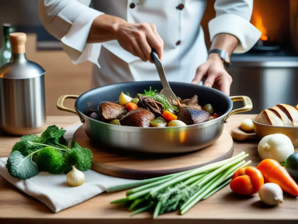 Un chef francés preparando Coq au Vin en una cocina rústica, destacando la influencia cultural e historia gastronómica francesa