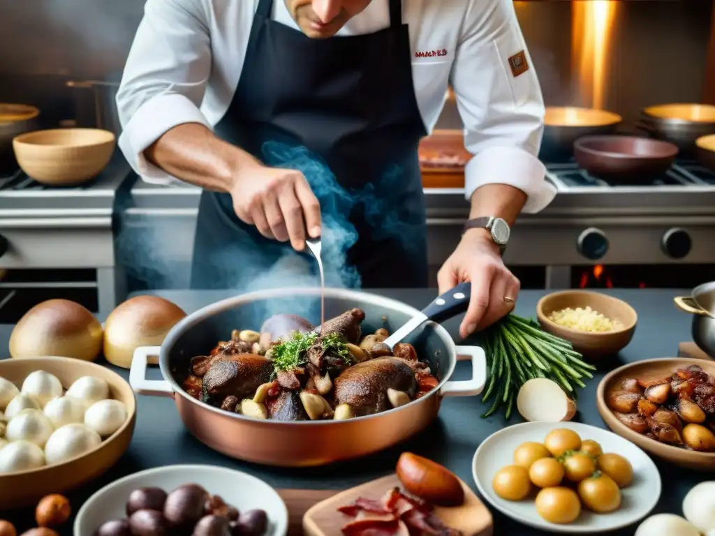 Un chef francés preparando Coq au Vin en una cocina tradicional de Borgoña, Francia