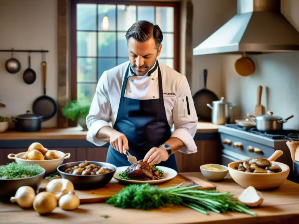 Un chef francés preparando Coq au Vin en una cocina rústica, evocando arte culinario