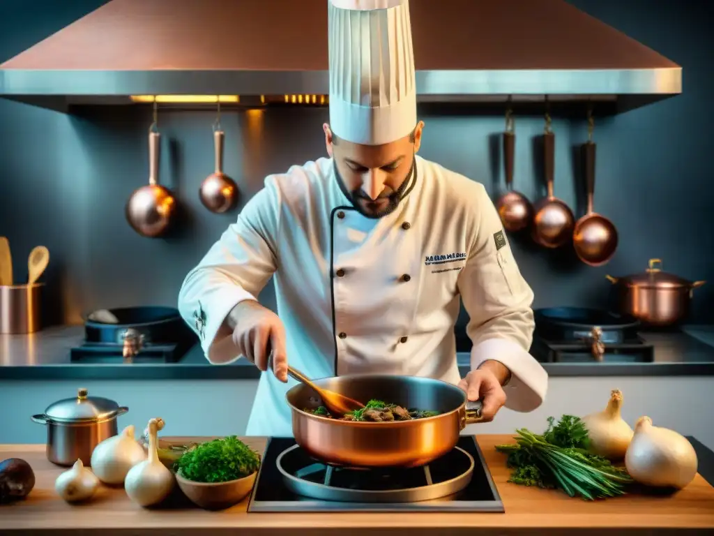 Un chef francés preparando Coq au Vin en cocina clásica francesa