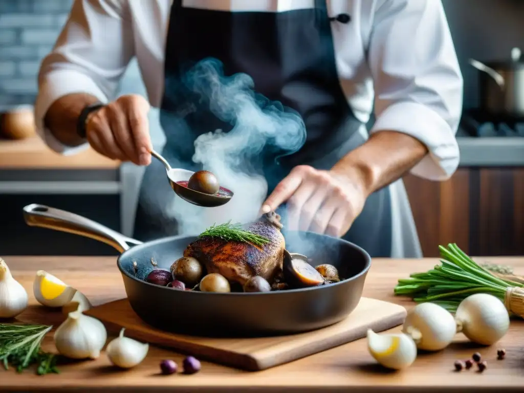 Un chef francés preparando un Coq au Vin en una cocina tradicional