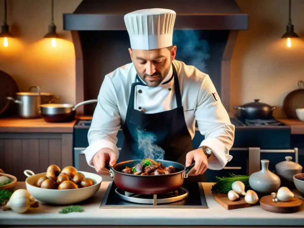 Un chef francés preparando Coq au Vin en una cocina rústica en el campo