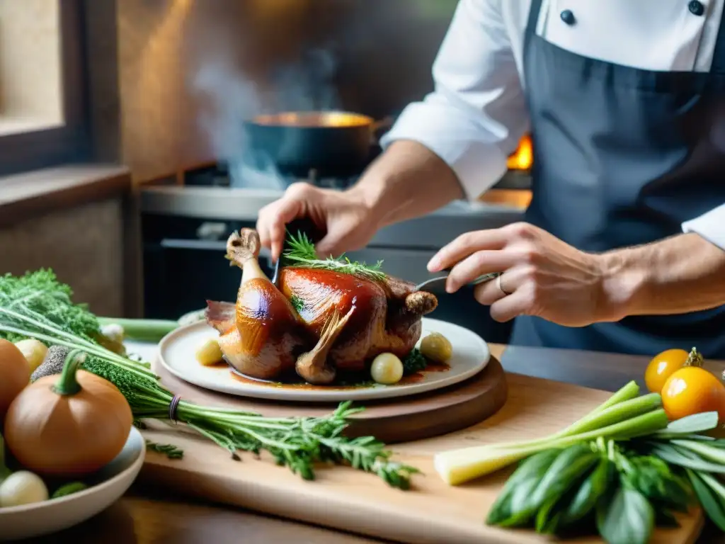 Un chef francés preparando Coq au Vin en una cocina parisina