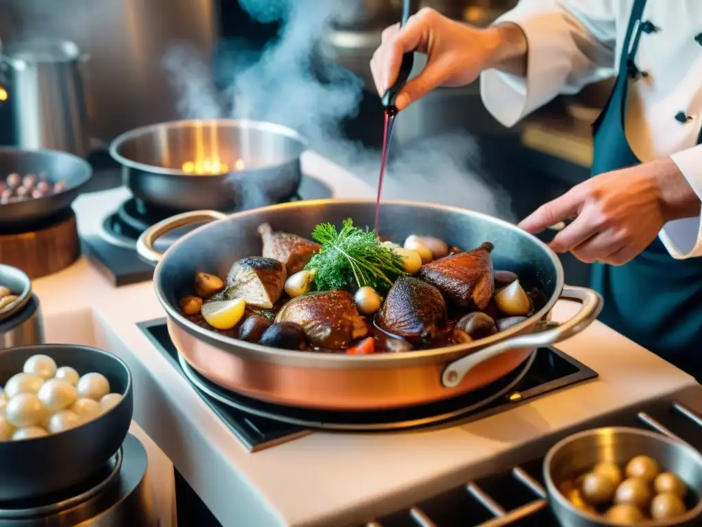 Un chef francés preparando Coq au Vin en una cocina tradicional