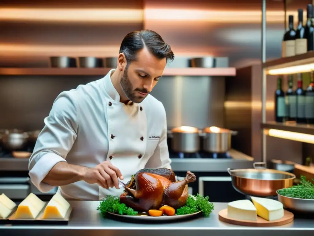 Un chef francés preparando Coq au Vin en un restaurante PopUp sofisticado