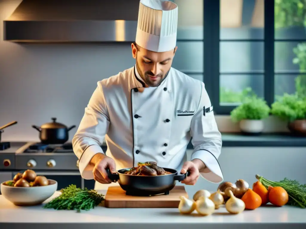 Un chef francés preparando Coq au Vin en una cocina elegante