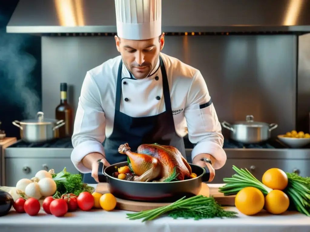 Un chef francés preparando Coq au Vin en una bulliciosa cocina parisina, capturando la esencia de la cocina francesa y recetas tradicionales