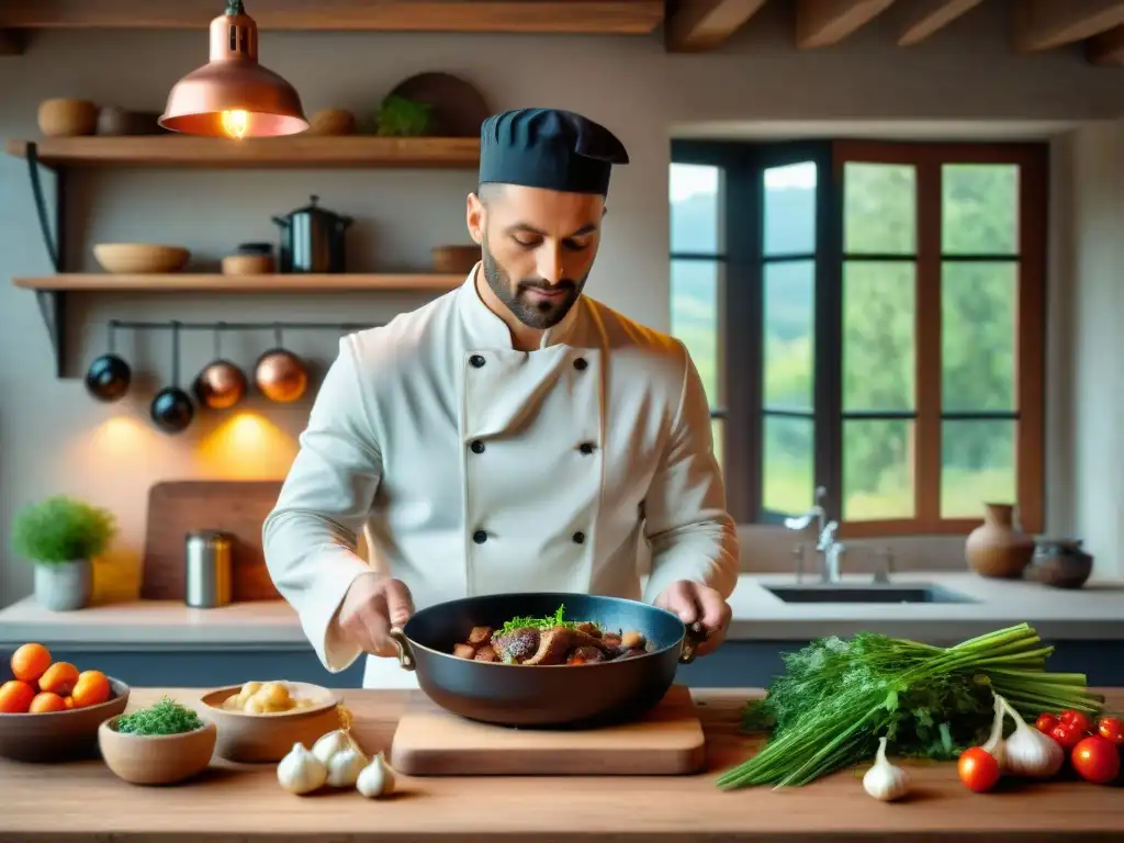 Un chef francés preparando Coq au Vin en la Fiesta de la Cosecha en Provenza, con ingredientes frescos y utensilios de cocina