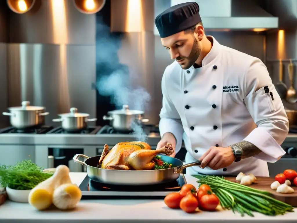 Un chef francés preparando un Coq au Vin, en una cocina profesional, capturando la influencia gastronomía francesa cocina mundial