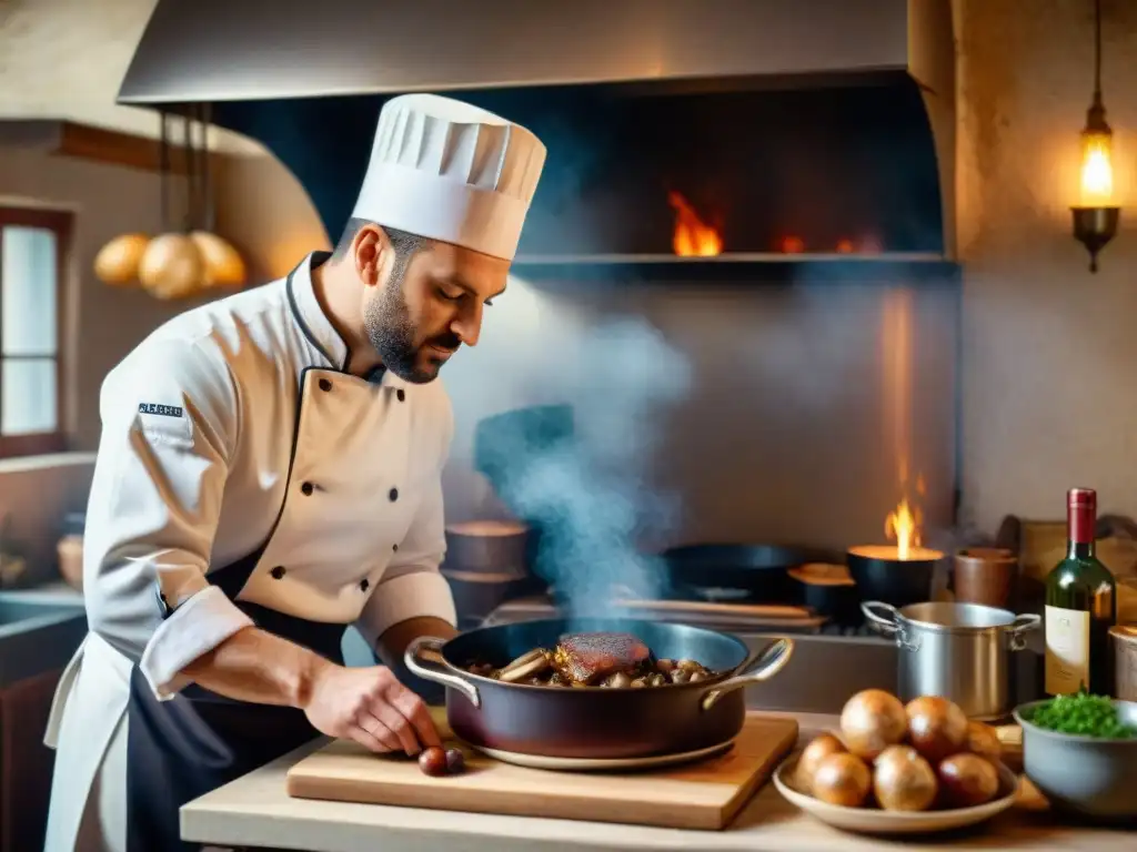 Un chef francés preparando Coq au Vin en cocina tradicional