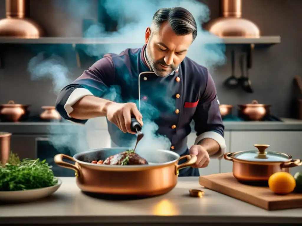 Un chef francés preparando Coq au Vin en una cocina rustica