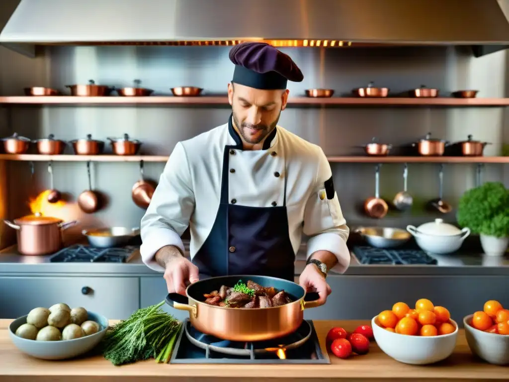 Un chef francés preparando Coq au Vin en cocina parisina