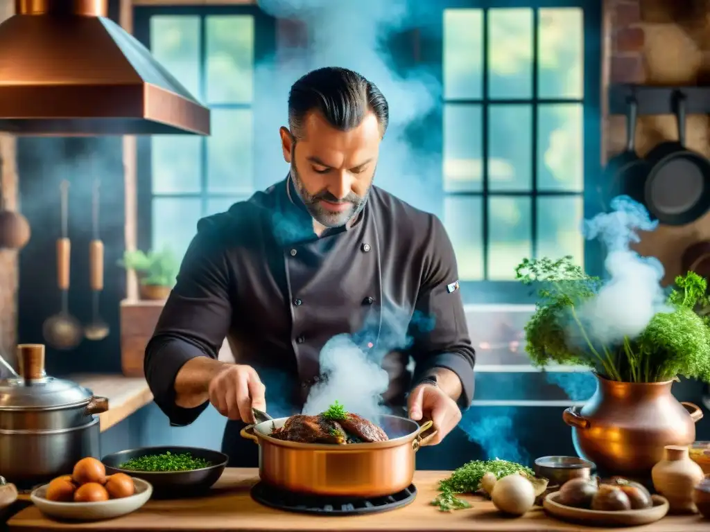 Un chef francés preparando coq au vin en cocina rústica, evocando la preservación recetas tradicionales francesas