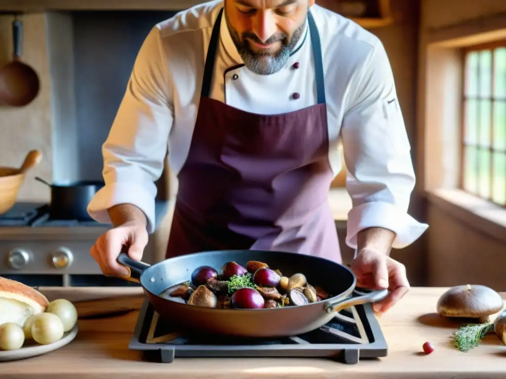 Un chef francés preparando un Coq au Vin en una cocina rústica, reflejando la esencia de la gastronomía francesa vinos quesos influencia