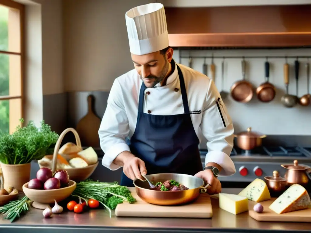 Un chef francés preparando Coq au Vin en una cocina tradicional, rodeado de ingredientes frescos y utensilios de cobre