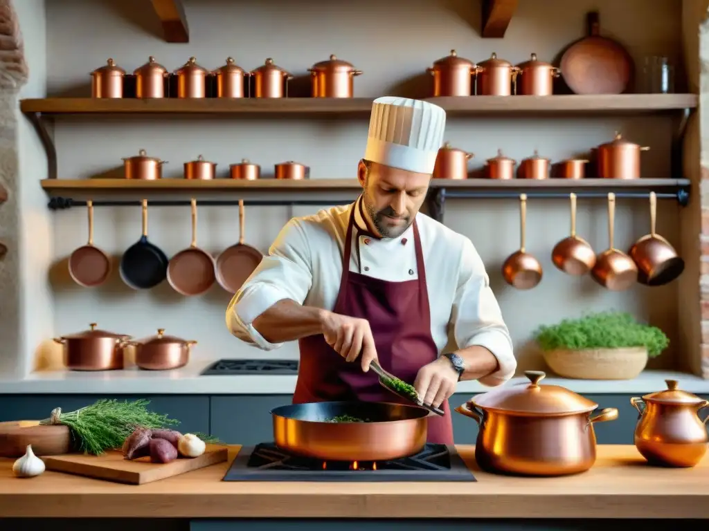 Un chef francés preparando Coq au Vin en una cocina rústica con utensilios de cobre