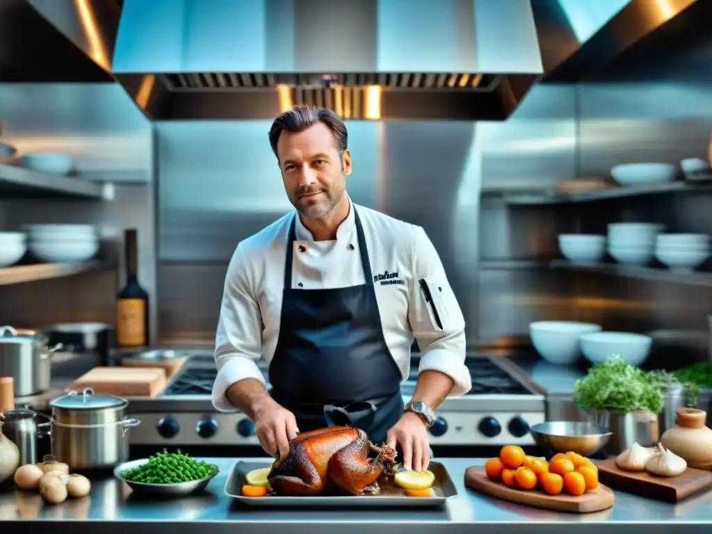 Un chef francés preparando Coq au Vin en una cocina parisina sofisticada