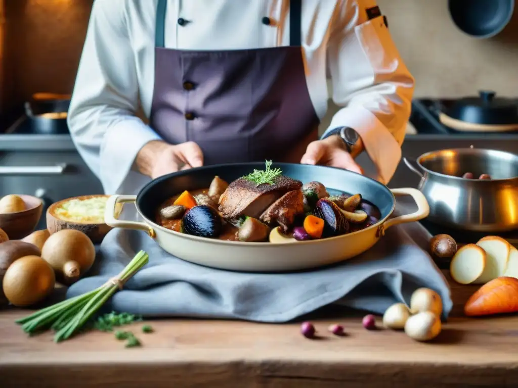 Un chef francés preparando Coq au Vin en una cocina rústica: Gastronomía francesa platos tradicionales