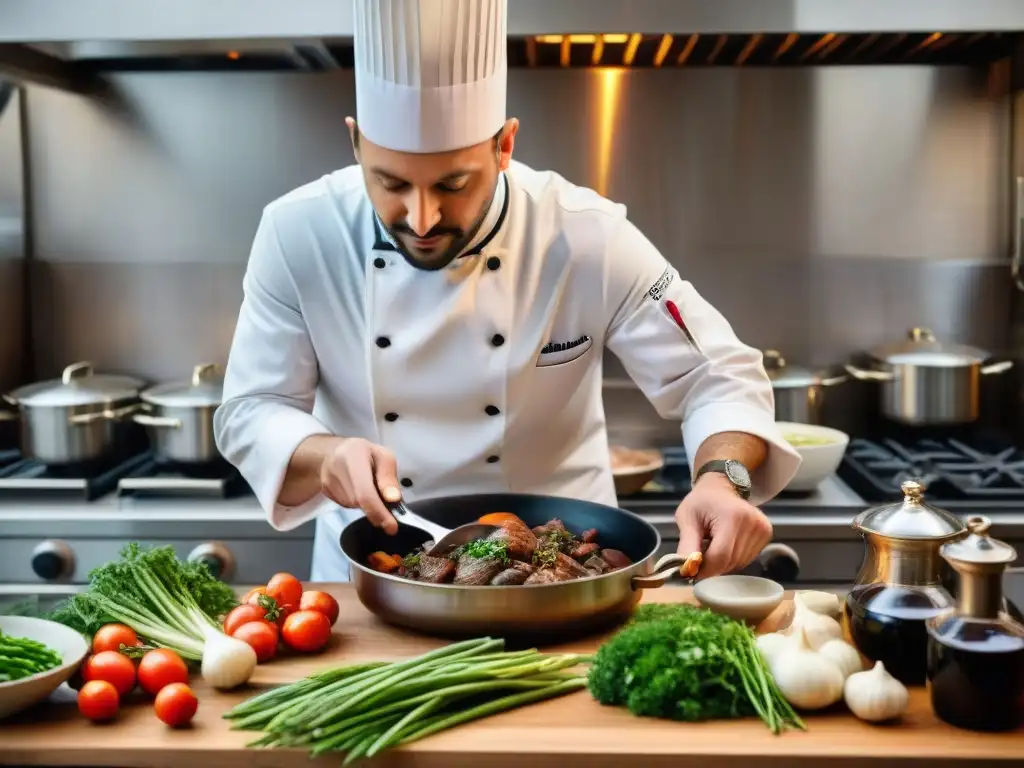 Un chef francés preparando Coq au Vin en París, con influencias extranjeras en cocina francesa