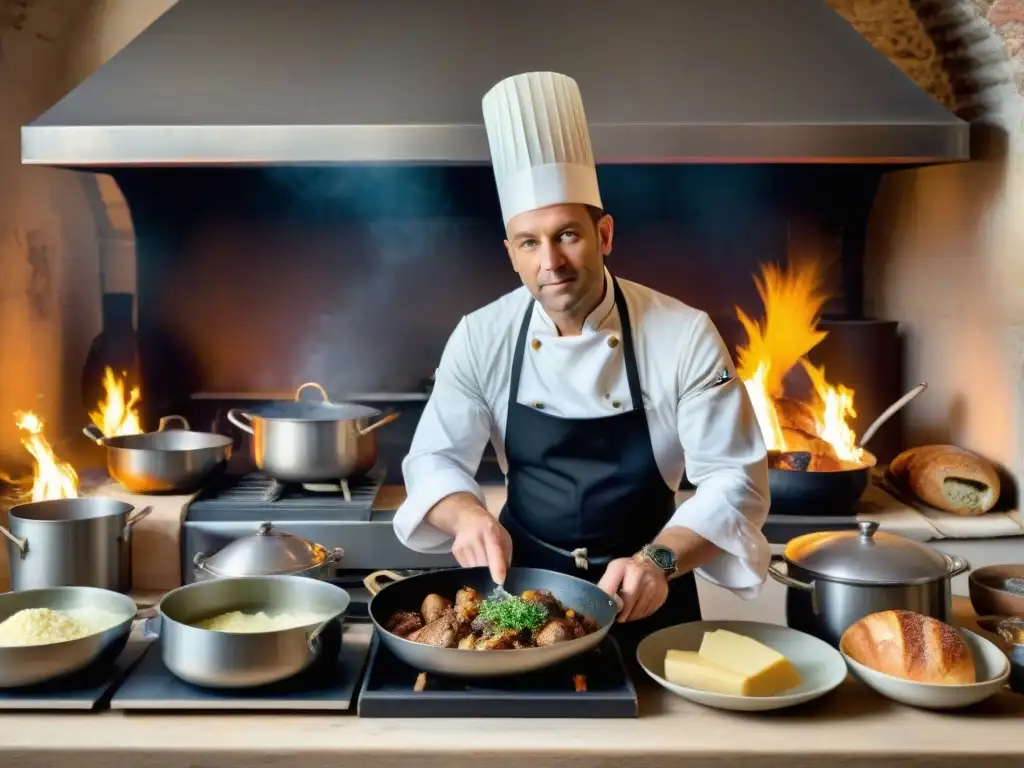 Un chef francés preparando Coq au Vin en una cocina del siglo XIX, con influencia de guerras en gastronomía