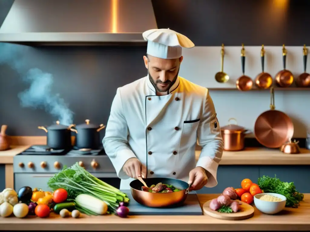 Un chef francés preparando Coq au Vin en una cocina rústica sofisticada, fusionando tradición con innovación culinaria