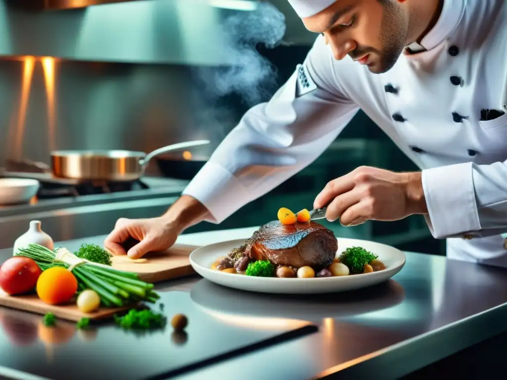 Un chef francés preparando Coq au Vin en cocina moderna y sofisticada