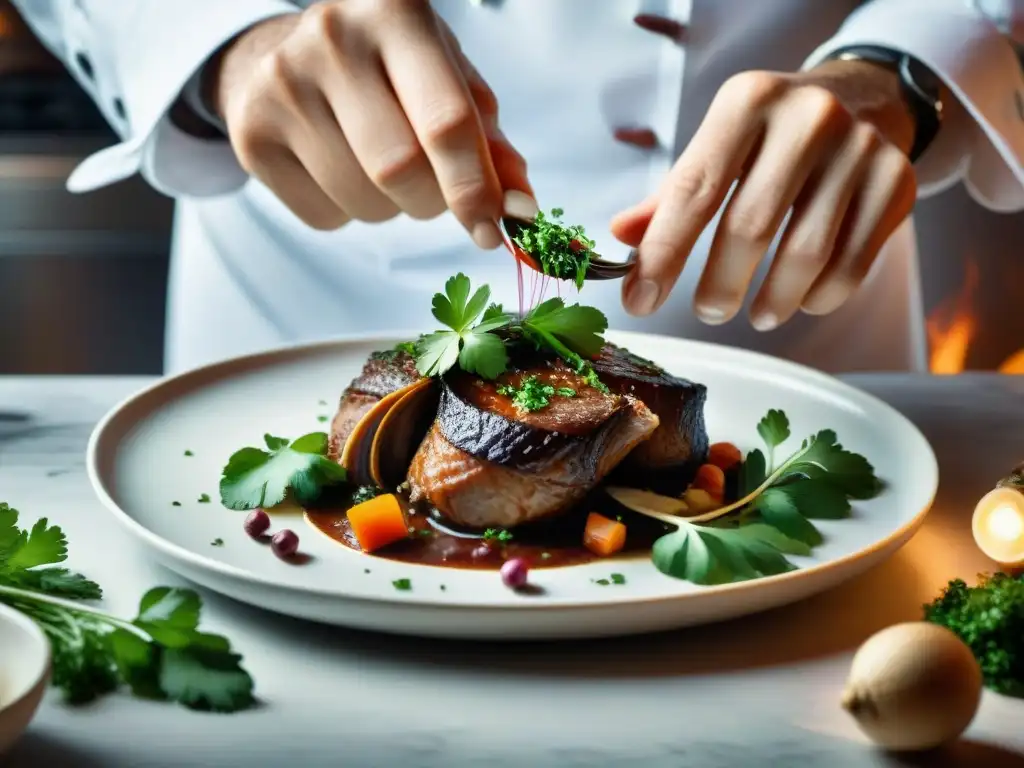 Chef francés decorando Coq au Vin con cilantro: influencia del cilantro en Francia