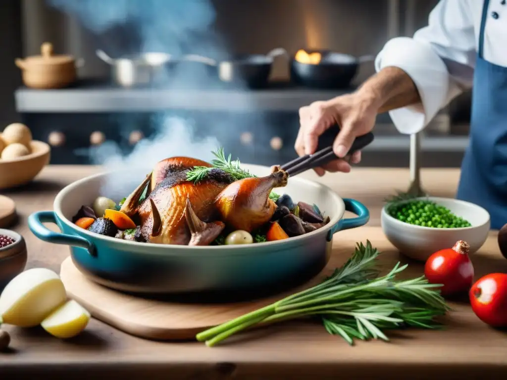 Un chef francés preparando Coq au Vin en cocina rústica, con ingredientes y utensilios clásicos