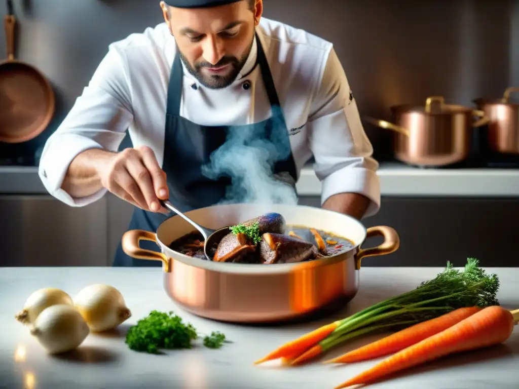 Un chef francés preparando Coq au Vin en una cocina tradicional, influencias culinarias gastronomía francesa