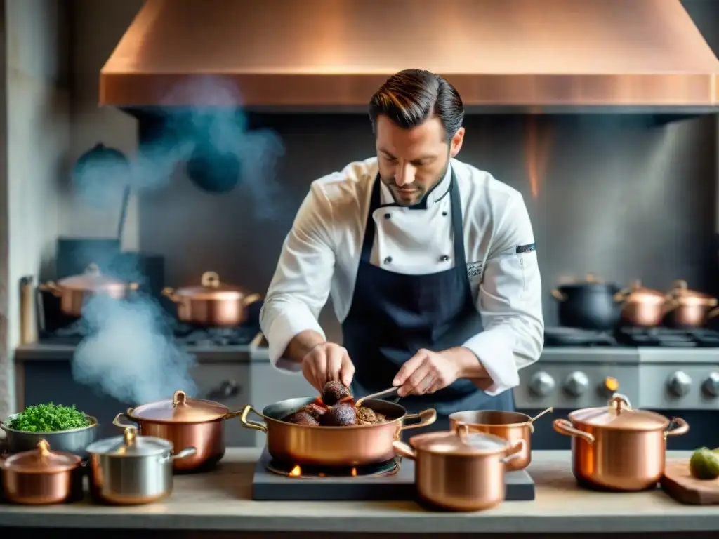 Un chef francés preparando Coq au Vin en una cocina francesa tradicional y moderna