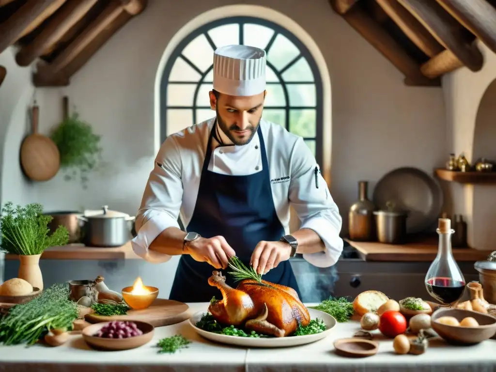 Un chef francés preparando Coq au Vin en una cocina rústica, enciclopedia cocina francesa recetas