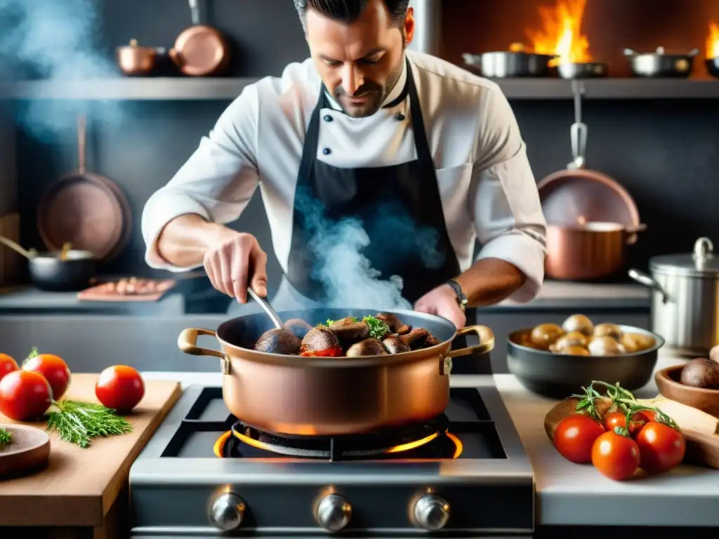 Un chef francés preparando Coq au Vin en una cocina tradicional con utensilios de cobre y ingredientes frescos