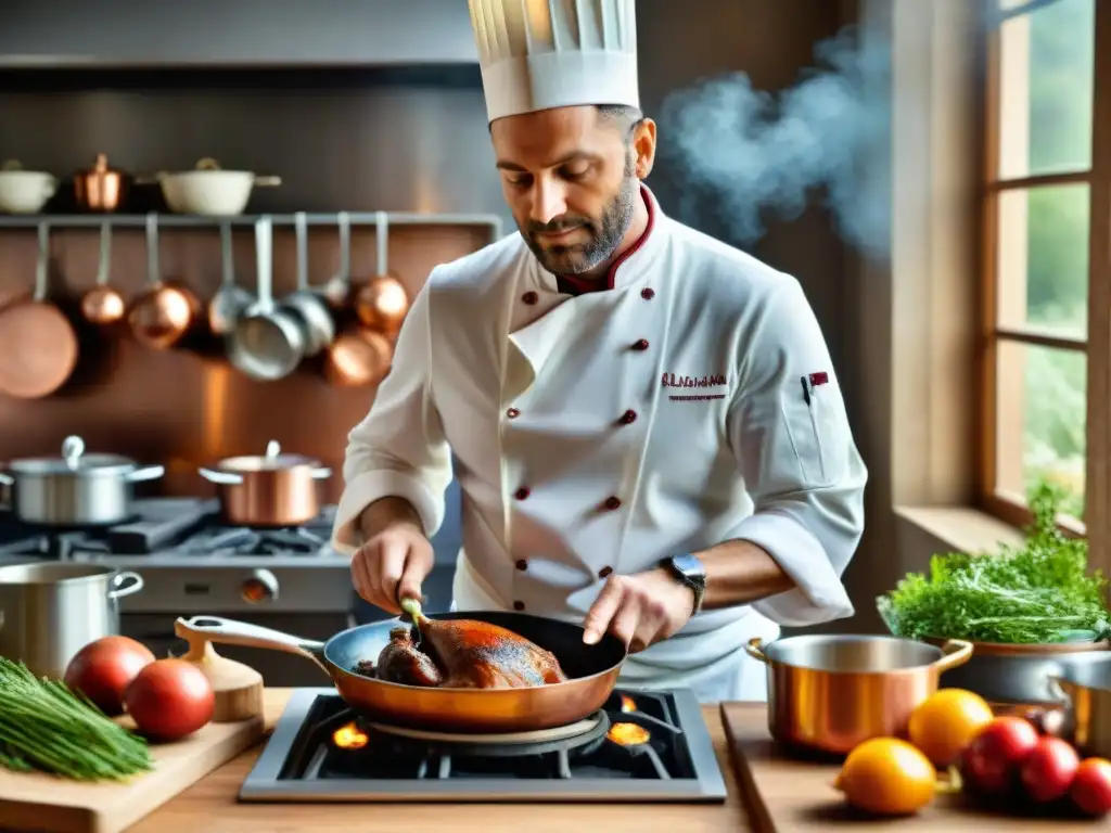 Un chef francés preparando Coq au Vin en una cocina rústica llena de ingredientes coloridos y utensilios de cobre