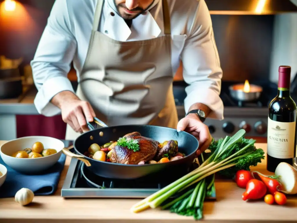 Un chef francés preparando Coq au Vin en una cocina rústica