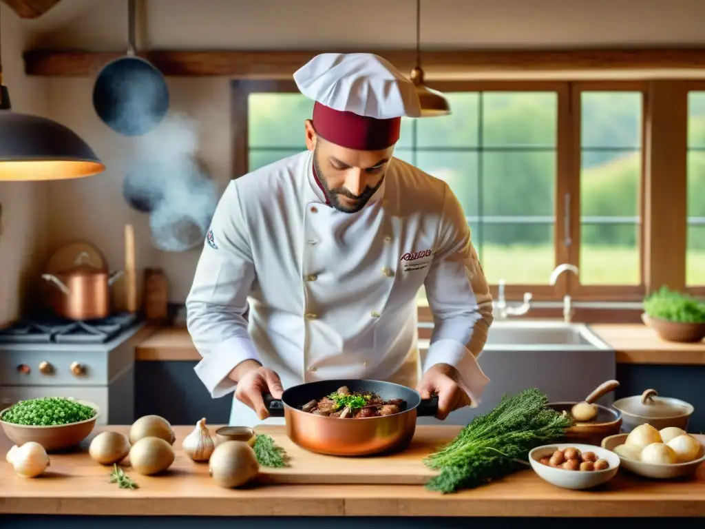 Un chef francés preparando Coq au Vin en una cocina tradicional, capturando la esencia de la gastronomía francesa y recetas tradicionales