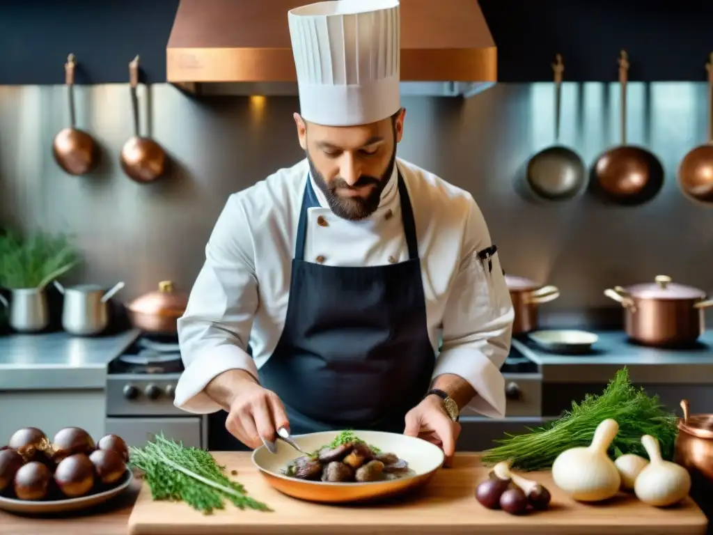 Un chef francés preparando Coq au Vin, mostrando innovación culinaria en gastronomía francesa en una cocina elegante y rústica