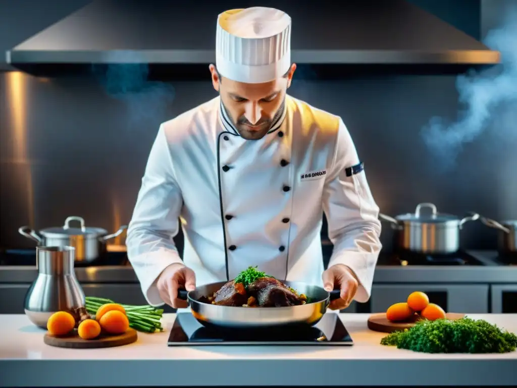 Un chef francés preparando Coq au Vin en una cocina moderna, fusionando gastronomía francesa tradicional y moderna