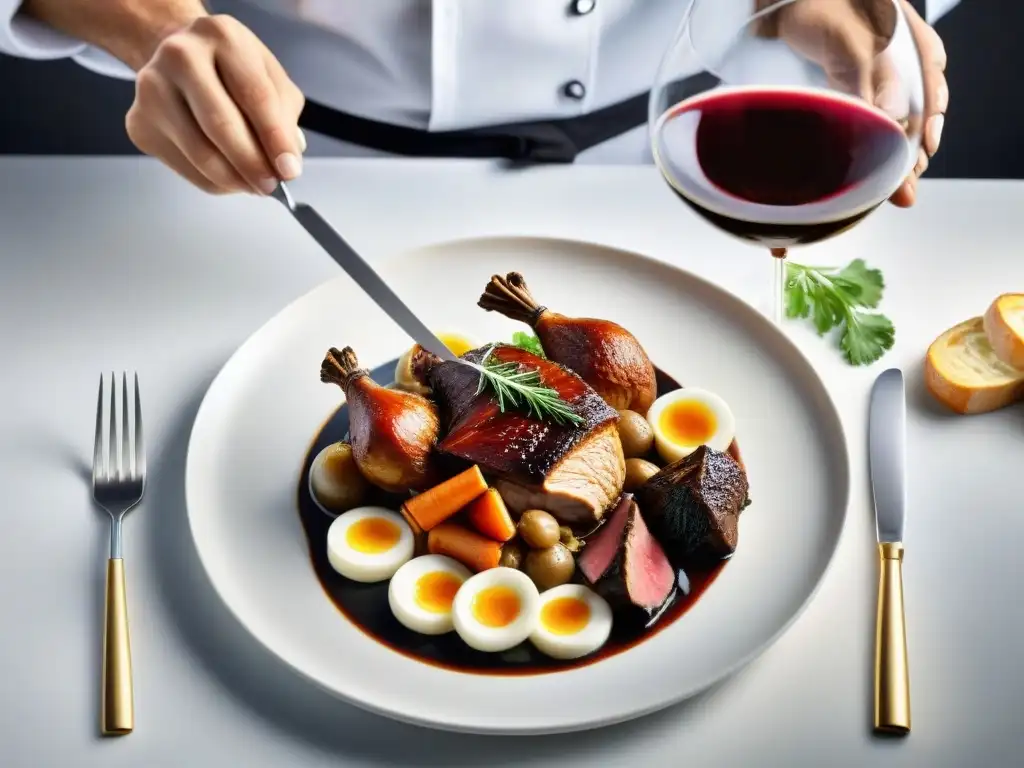 Chef francés creando Coq au Vin con innovaciones culinarias en la gastronomía francesa