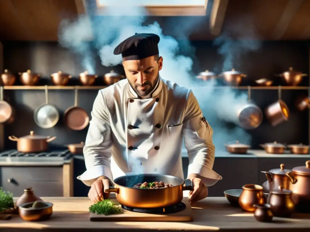 Un chef francés preparando Coq au Vin en cocina rústica