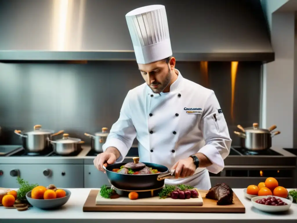 Un chef francés preparando Coq au Vin en cocina moderna, fusionando cocina francesa clásica con tendencias modernas