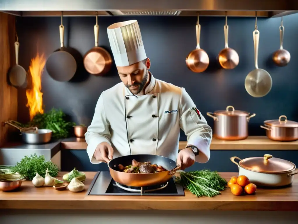 Chef francés preparando Coq au Vin en cocina rústica Un chef francés preparando Coq au Vin en una cocina rústica, mostrando la innovación en gastronomía francesa