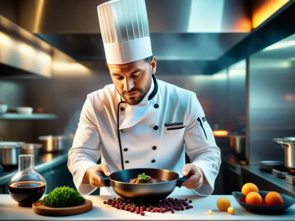 Chef francés transformando un Coq au Vin con técnicas de gastronomía molecular, fusionando tradición e innovación