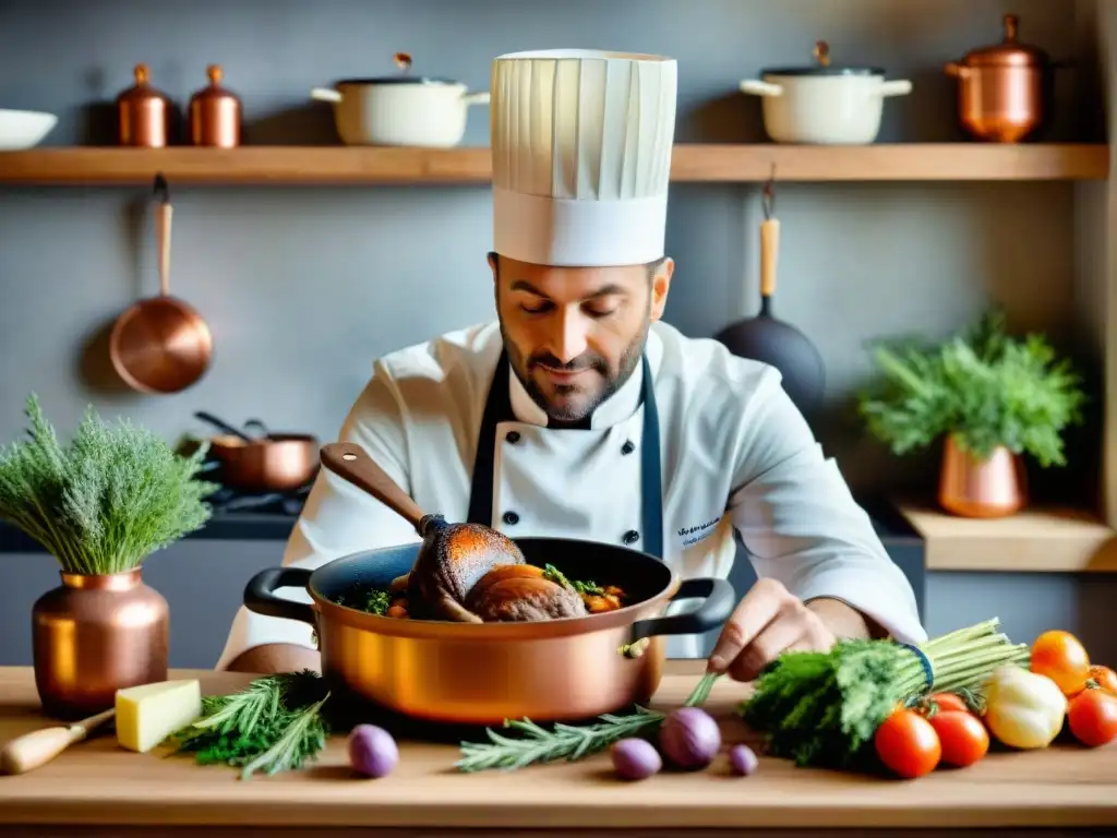 Un chef francés preparando Coq au Vin en una cocina rústica, evocando la gastronomía francesa recetas tradicionales innovaciones