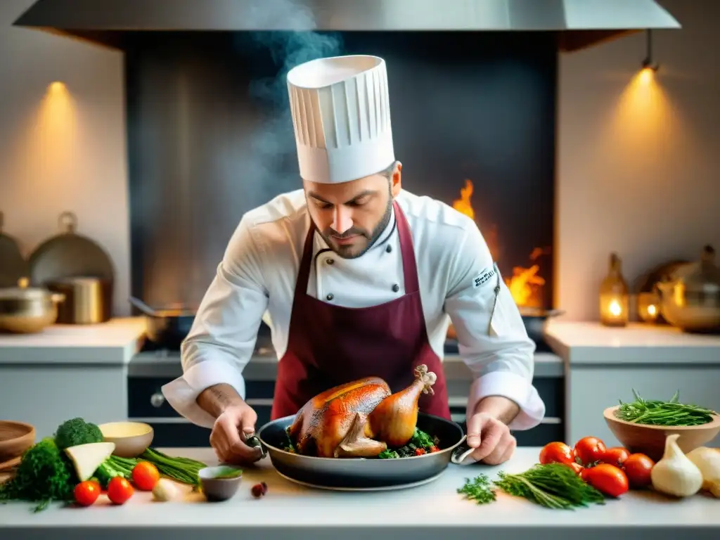 Un chef francés preparando Coq au Vin en una cocina moderna y rústica, fusionando técnicas tradicionales con innovaciones