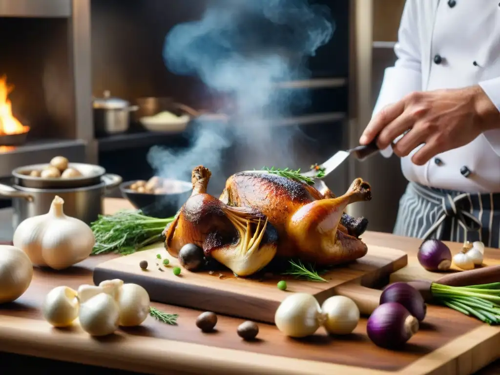 Un chef francés preparando un coq au vin en una cocina rústica y elegante