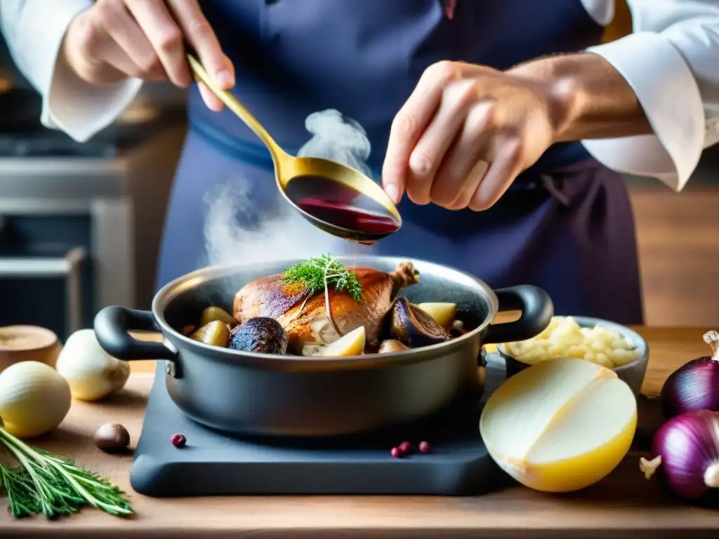 Un chef francés preparando Coq au Vin en un bistró oculto de Dijon